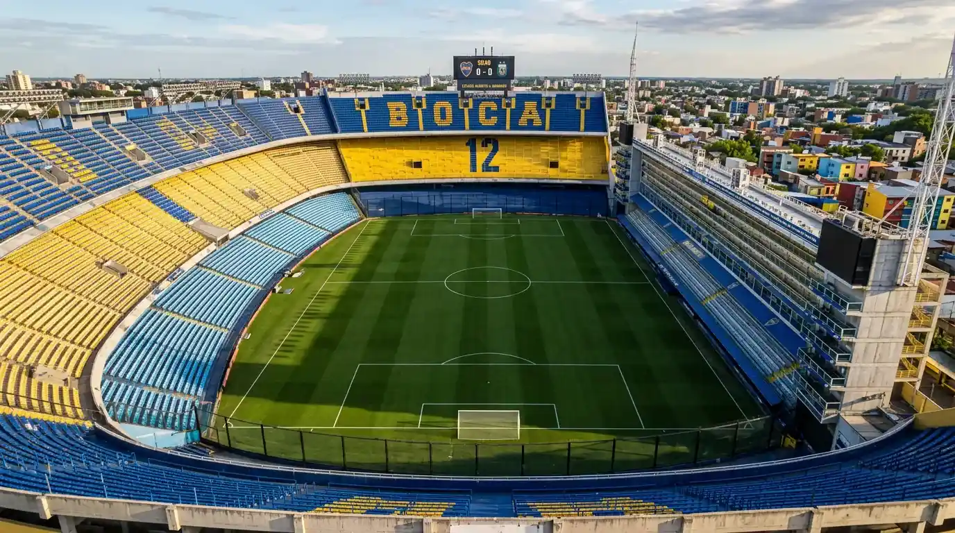 Estadio de fútbol argentino con campo de cesped natural y tribunas durante un partido de la Liga Profesional