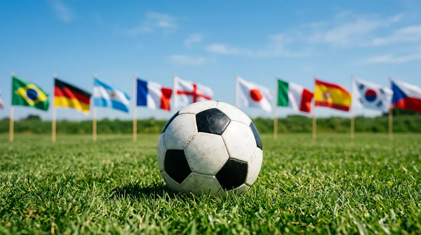 Balon de fútbol sobre cesped con banderas de paises participantes del Mundial 2026 al fondo